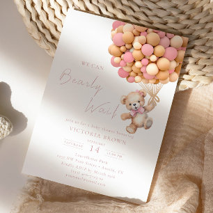 Invitación Bearly Wait Teddy Bear Baby Shower Pink Balloon