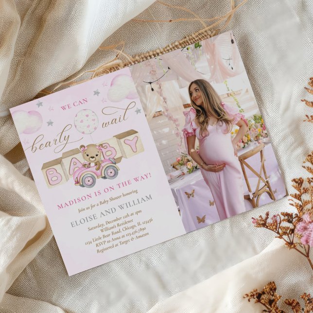 Invitación Bearly Wait Teddy Bear Baby Shower Pink Photo (Subido por el creador)