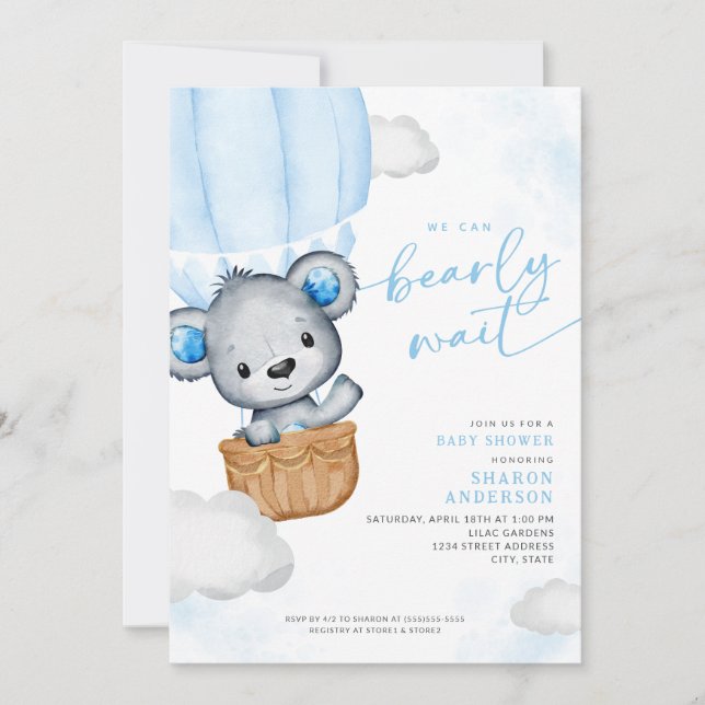 Invitación Bearly Wait Teddy Bear Balloon Boy Baby Shower (Anverso)