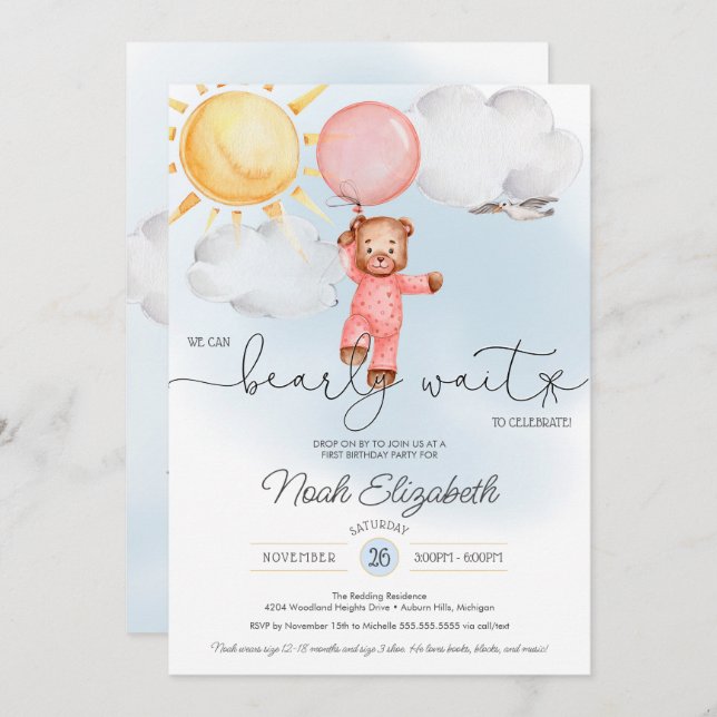 Invitación Bearly Wait Teddy Bear Balón Rosa Primer Cumpleaño (Anverso / Reverso)