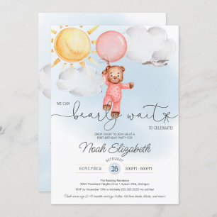 Invitación Bearly Wait Teddy Bear Balón Rosa Primer Cumpleaño
