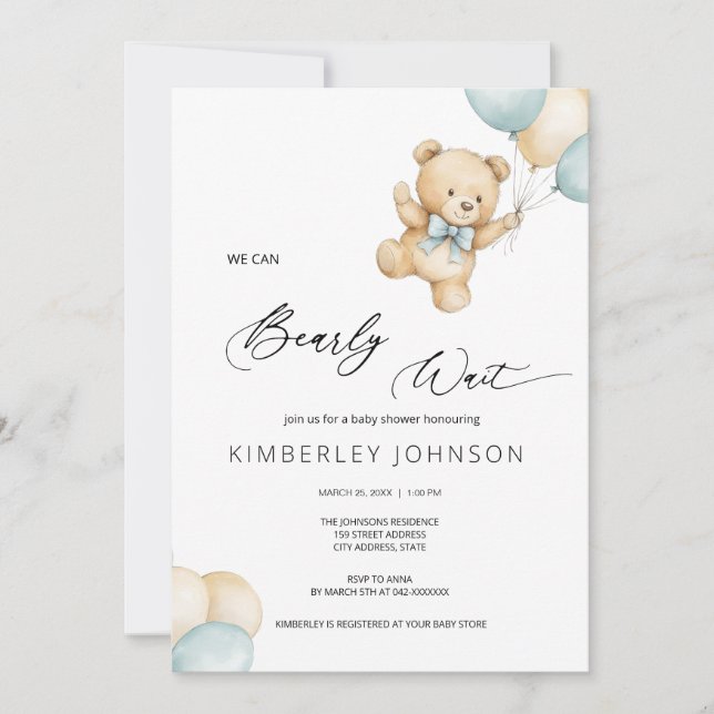 Invitación Bearly Wait Teddy Bear & Baloons Baby Shower (Anverso)