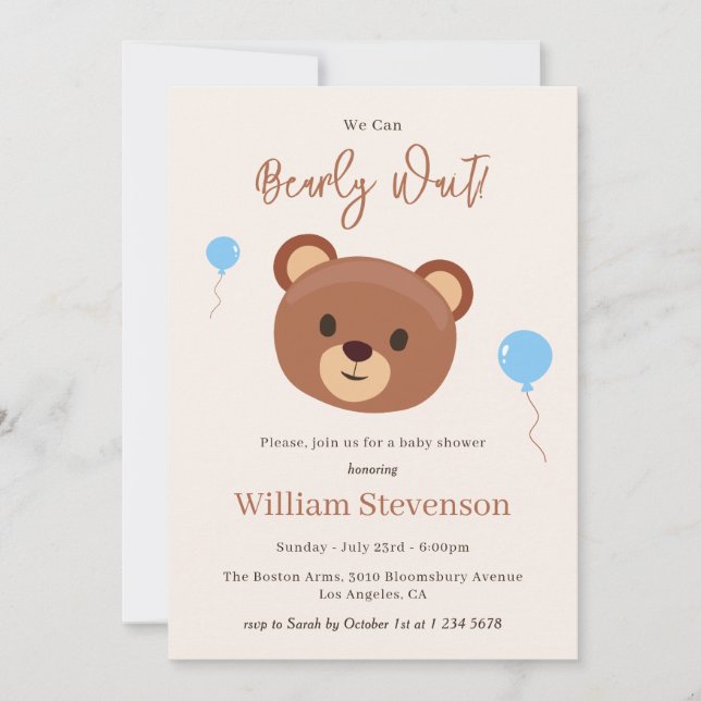Invitación Bearly Wait Teddy Bear Brown Blue Boy Baby Shower (Anverso)