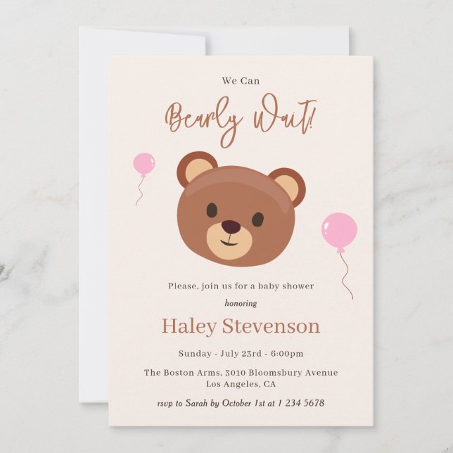 Invitación Bearly Wait Teddy Bear Brown Chica Rosa Baby Showe (Anverso)