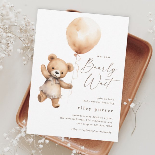 Invitación Bearly Wait Teddy Bear Género Neutral Baby Shower (We Can Bearly Wait Teddy Bear Gender Neutral Baby Shower Invitation.)