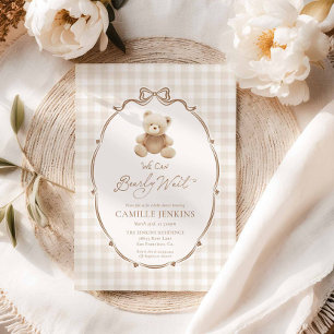 Invitación Bearly Wait Teddy Bear Gingham Baby Shower Invite