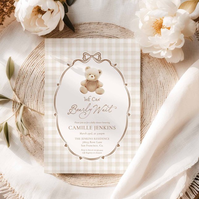Invitación Bearly Wait Teddy Bear Gingham Baby Shower Invite (Bearly Wait Teddy Bear Baby Shower Invitation)