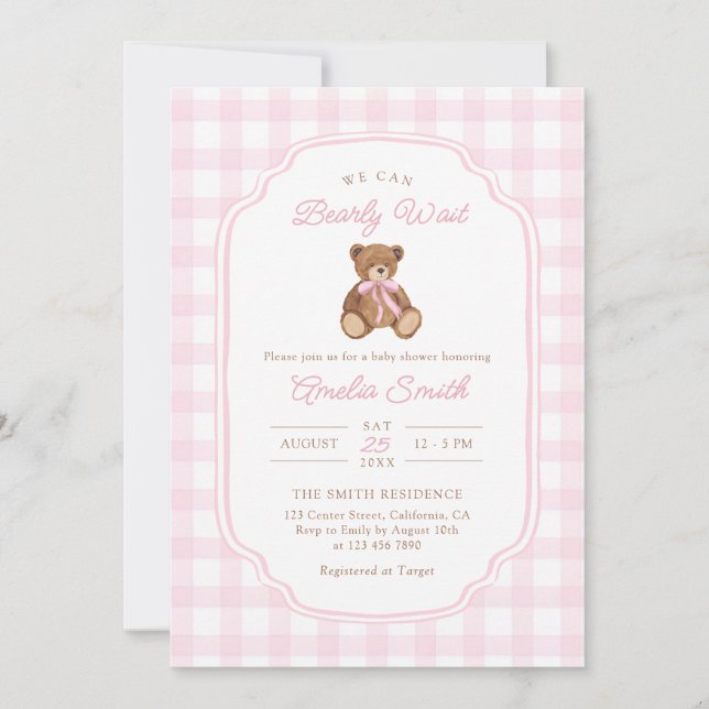 Invitación Bearly Wait Teddy Bear Girl Baby Shower (Anverso)