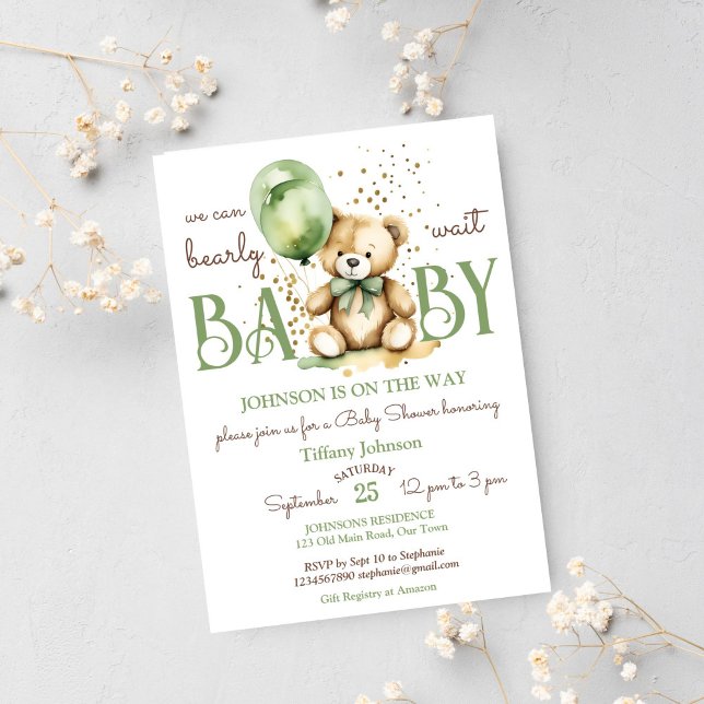 Invitación Bearly wait teddy oso verde marrón bebé ducha (Teddy bear bearly wait baby shower template invitation instant download sage green gold brown)