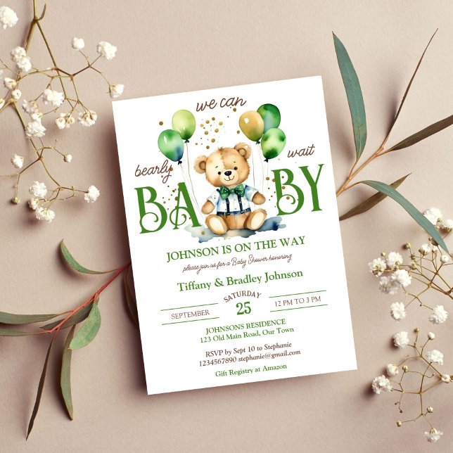 Invitación Bearly wait teddy oso verde marrón bebé ducha (Bearly wait green and brown teddy bear baby shower template invitation instant digital download )