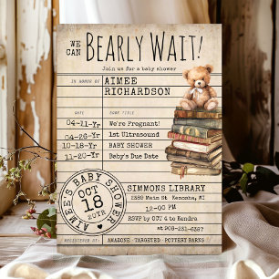 Invitación Bearly Wait Vintage Library Card Books Baby Shower
