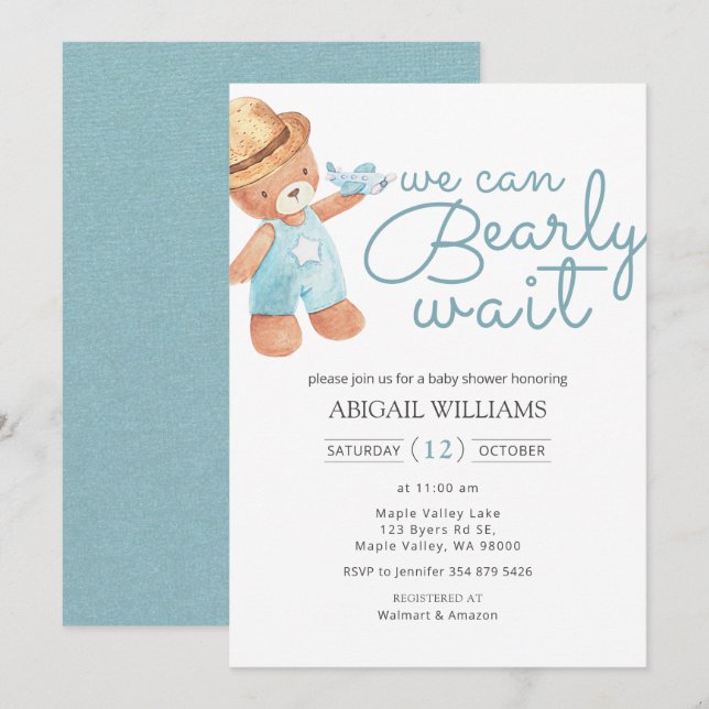 Invitación Bearly Wait Watercolor Teddy Bear Baby Shower (Anverso / Reverso)