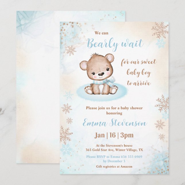 Invitación Bearly Wait Winter Bear Blue Gold Boy Baby Shower (Anverso / Reverso)