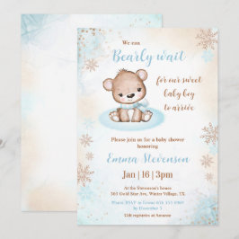 Invitación Bearly Wait Winter Bear Blue Gold Boy Baby Shower