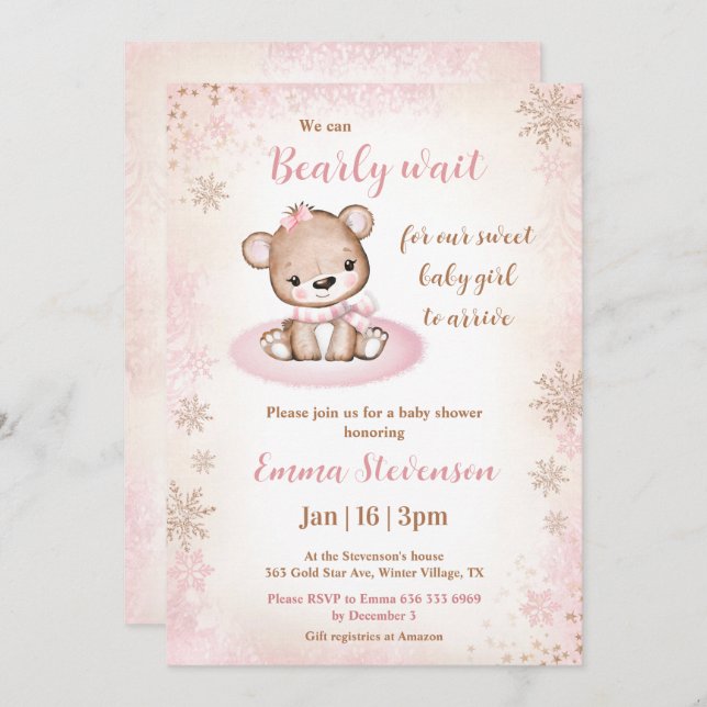 Invitación Bearly Wait Winter Bear Pink Gold Chica Baby Showe (Anverso / Reverso)