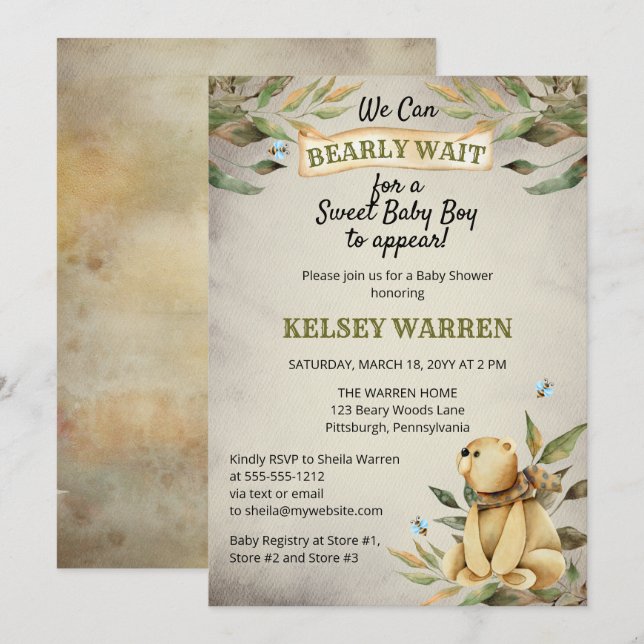 Invitación Bearly Wait Woodland Teddy Bear Boy Baby Shower (Anverso / Reverso)