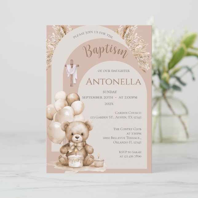 Invitación Bears and Balloons Girl Baptism Invitation (Anverso de pie)