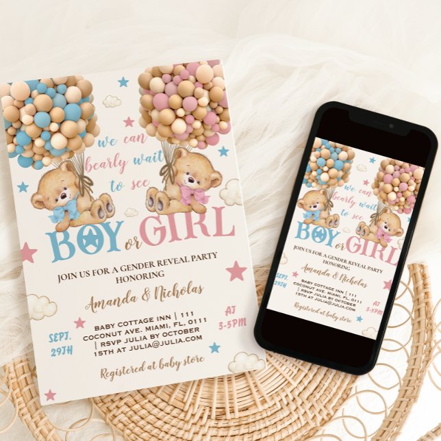 Invitación Bears Stars & Balloons Pink Blue Gender Revelación (Subido por el creador)