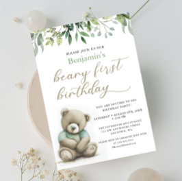 Invitación Beary 1er cumpleaños acuarela Teddy Bear hojas