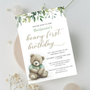 Invitación Beary 1er cumpleaños acuarela Teddy Bear hojas