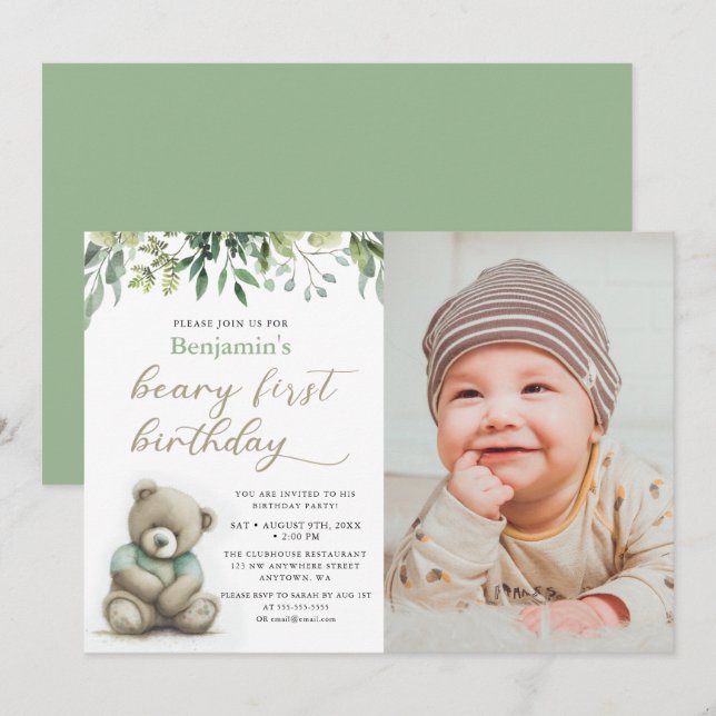 Invitación Beary 1er cumpleaños acuarela Teddy Oso Foto (Anverso / Reverso)