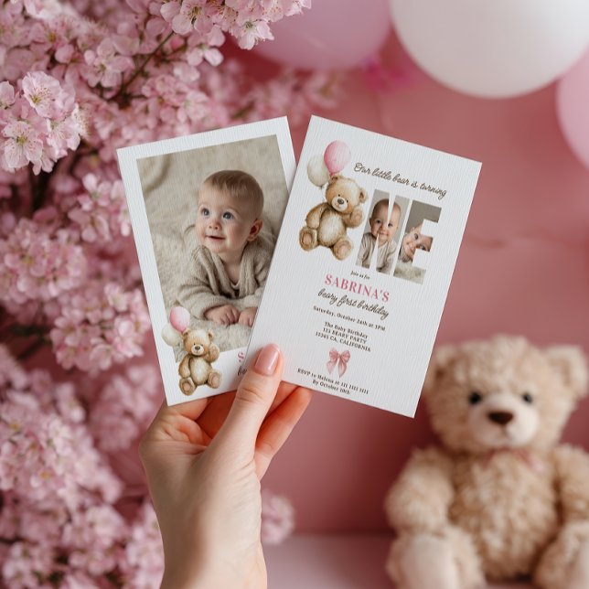 Invitación Beary 1er cumpleaños Teddy Bear Foto Globo rosa (Beary 1st Birthday Teddy Bear Photo Pink Balloon Invitation)
