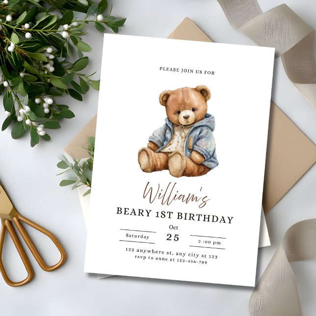 Invitación Beary 1st Birthday Teddy Bear Boy Birthday Party (Subido por el creador)