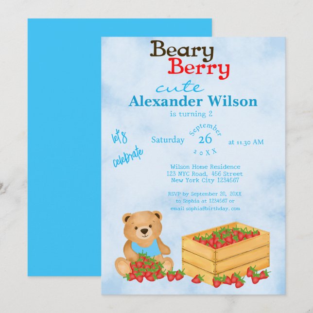 Invitación Beary Berry Cute Blue Cub's Strawberries Cumpleaño (Anverso / Reverso)