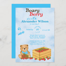 Invitación Beary Berry Cute Blue Cub's Strawberries Cumpleaño