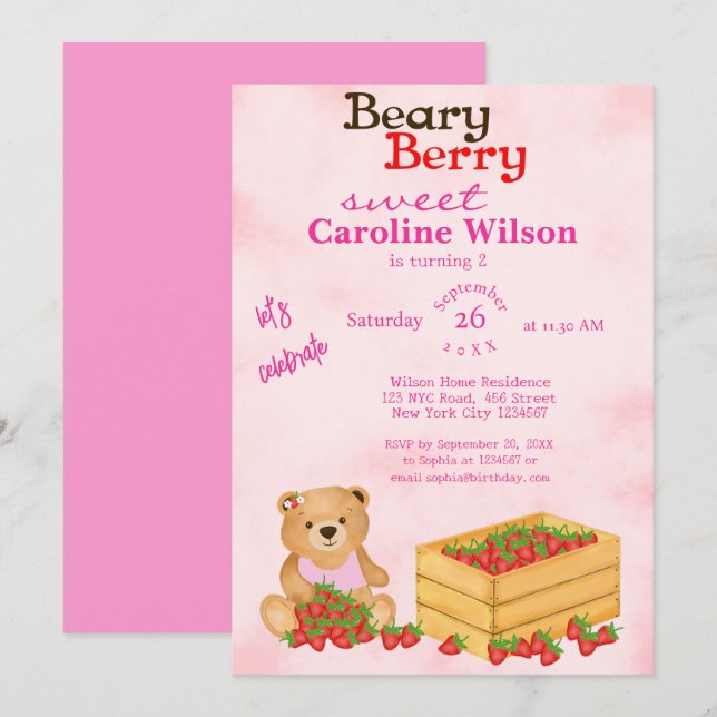 Invitación Beary Berry Sweet Pink Cub's Strawberries Cumpleañ (Anverso / Reverso)