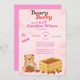 Invitación Beary Berry Sweet Pink Cub's Strawberries Cumpleañ