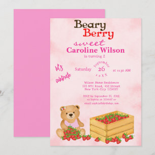 Invitación Beary Berry Sweet Pink Cub's Strawberries Cumpleañ