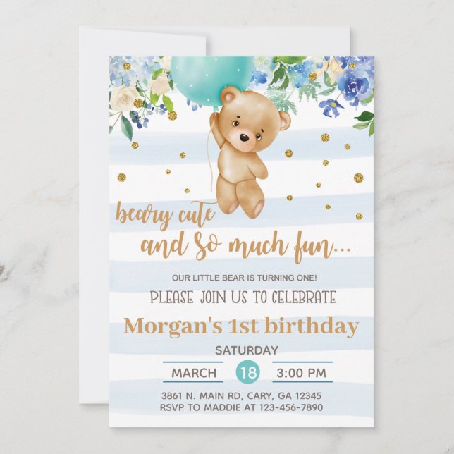 Invitación Beary cute bear balloon boy birthday in (Anverso)