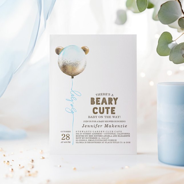 Invitación Beary Cute Blue Balloon Teddy Bear Baby Shower (Beary Cute Baby Shower Invitations featuring Gold and Blue Bear Balloon)