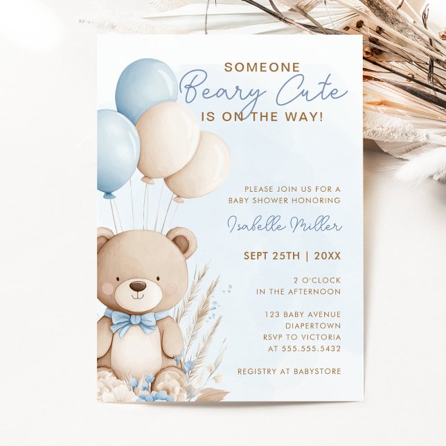 Invitación Beary Cute Blue Balloon Teddy Bear Boy Baby Shower (Subido por el creador)