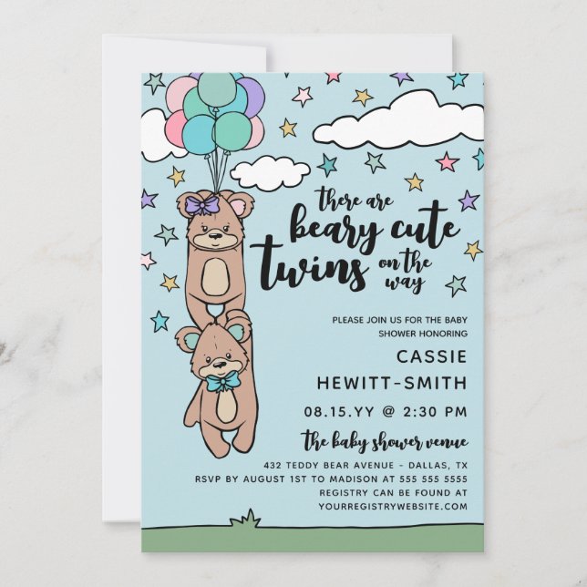 Invitación Beary Cute Boy y Chica Twin Baby Shower (Anverso)