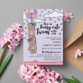 Invitación Beary Cute Chica Rosa Twins Baby Shower