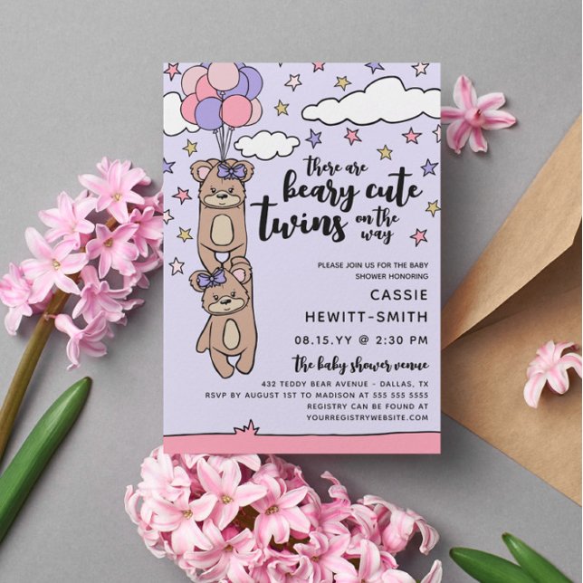 Invitación Beary Cute Chica Rosa Twins Baby Shower (Subido por el creador)