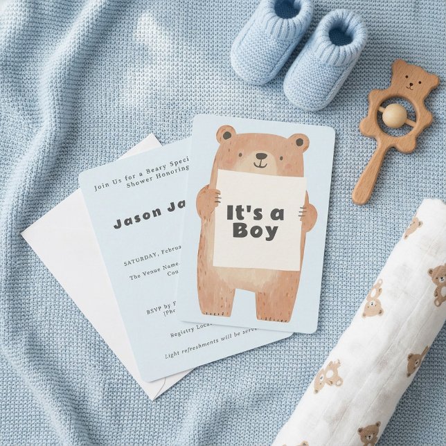 Invitación Beary Cute es un niño oso de Baby Shower (Beary Cute It’s a Boy Baby Shower bear Invitation.)