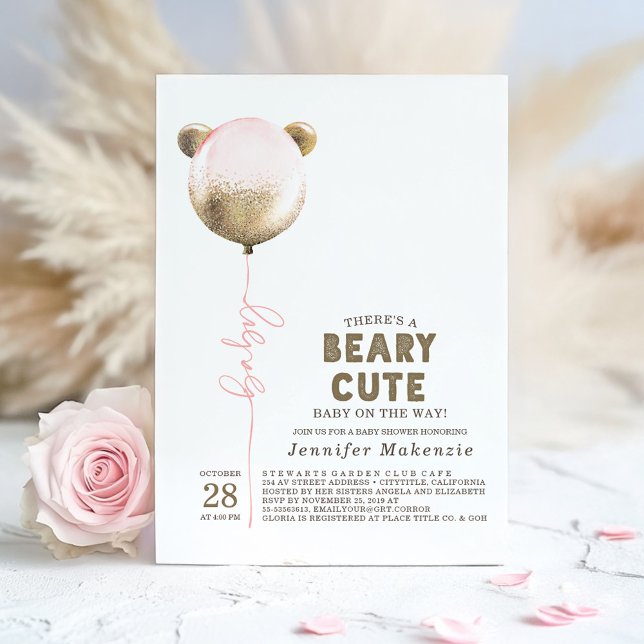 Invitación Beary Cute Globo Rosa Teddy Bear Baby Shower Inv (Bear Baby Shower Invitation)