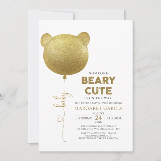 Invitación Beary Cute Gold Balloon Teddy Bear Baby Shower (Anverso)