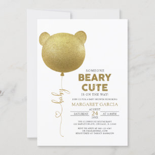 Invitación Beary Cute Gold Balloon Teddy Bear Baby Shower