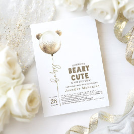 Invitación Beary Cute Gold Balloon Teddy Bear Baby Shower