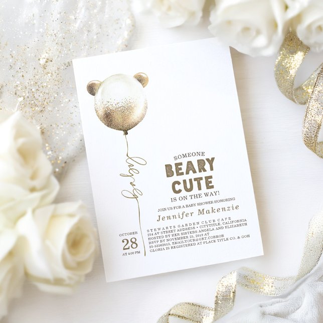 Invitación Beary Cute Gold Balloon Teddy Bear Baby Shower (Bear Baby Shower Invitation)