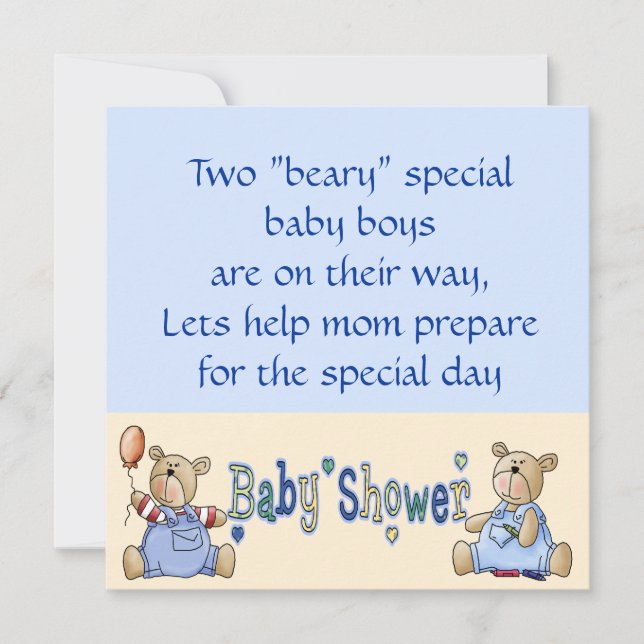 Invitación Beary Especial Twin Boy Baby Shower invita (Anverso)