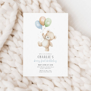 Invitación Beary First Balloon Boy 1er cumpleaños Teddy Bear