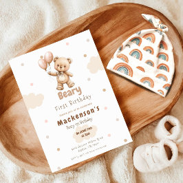 Invitación Beary First Balloon Boy 1st Birthday Teddy Bear