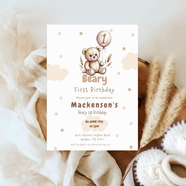 Invitación Beary First Balloon Boy 1st Birthday Teddy Bear (Subido por el creador)