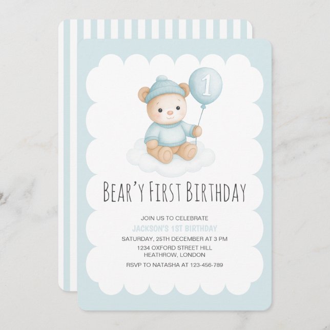 Invitación Beary First Birday Blue Teddy Bear (Anverso / Reverso)