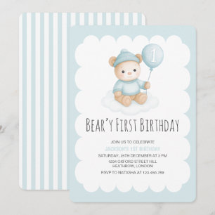 Invitación Beary First Birday Blue Teddy Bear